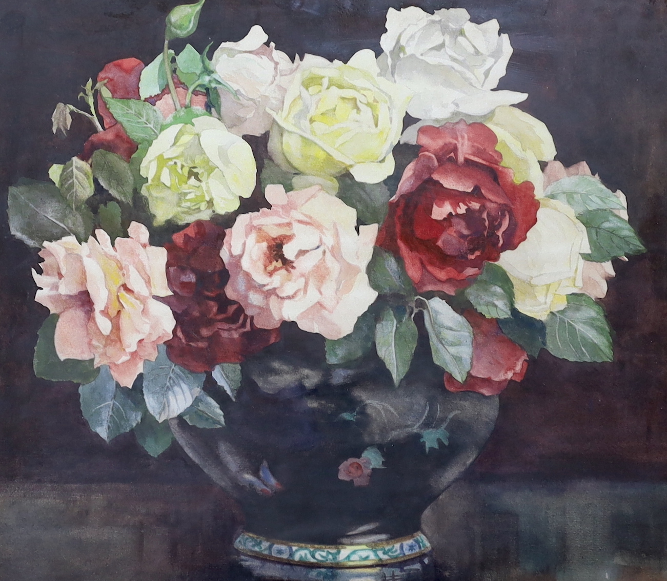 Dorcie Sykes (1908-1998), watercolour, Still life of flowers in a bowl, signed, Harrods Ltd. label verso, 32 x 37cm